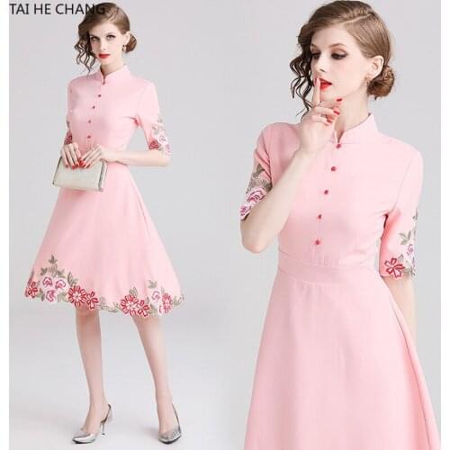 Women Dress Fashion Retro Spring Summer Elegant Bodycon Vintage Casual Party Runway Embroidery Stand Office Midi Dresses Pink