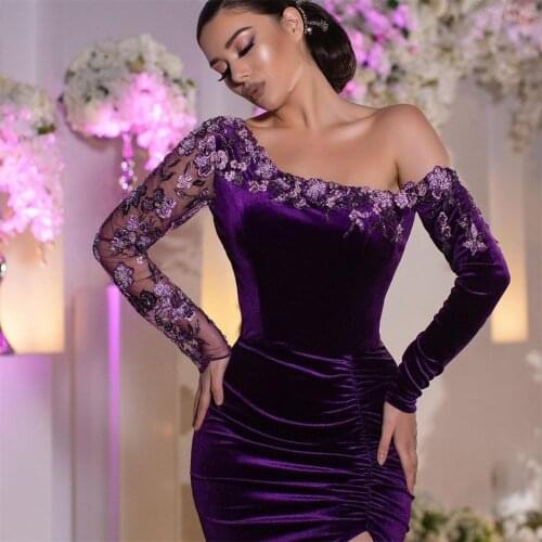 2021 Purple Velour Evening Dress Long Sleeves High Split Mermaid Prom Dresses Embroidery vestido de novia Pleat Party Gowns