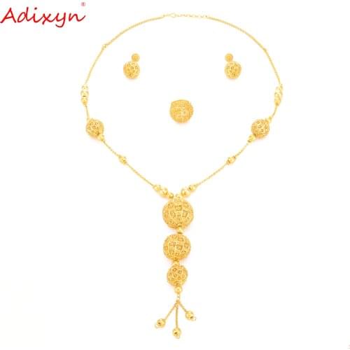 Adixyn Gold Ball Shape Earrings Necklace Ring Jewelry set for Women Gold Color Dubai Vintage Jewelry N1021H4