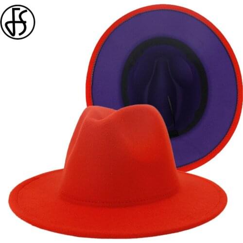 FS Orange Purple Patchwork Wide Brim Hats Fedora Women Men Wool Felt Fashion Jazz Caps Unisex Panama Party Trilby Cowboy