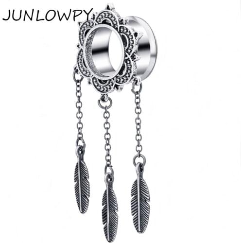 JUNLOWPY Ear Tunnel Silver Dreamcatcher Cute Feather Pendant Dangle Ear Plug Tunnel Gauge Body Jewelry Piercing Earring Kits