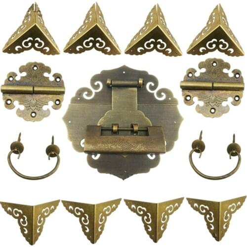 Chinese Vintage Brass Lock Set For Over 70cm Wooden Box,Vase Buckle Hasp Latch Lock+ Hinge+Corner+Handle,Bronze Tone