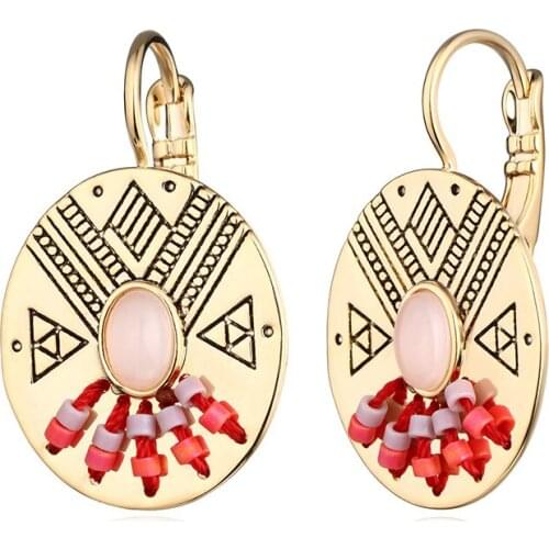 HONGYE Classic Jewelry Coin Shape Geometric Pattern Engraving Beads Tassel Clip Earrings Boho Ethnic Jewelry Women Femme Gift