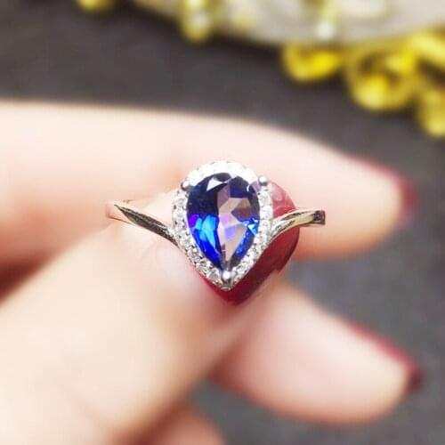 Natural real blue topaz drop style ring Per jewelry Free shipping 6*8mm 1.1ct gemstone 925 sterling silver Fine jewelry T272910
