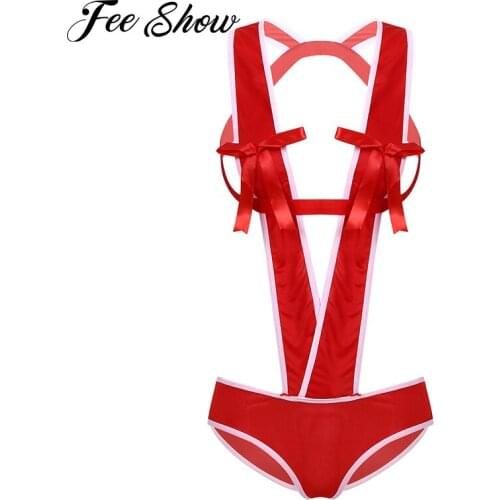 Red Sexy Christmas Women Lingerie Bodysuits Sleepwear Bodycon Underwear Bowknot Backless Thong Bodysuit Erotic Costume Nightwear