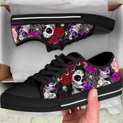 ELVISWORDS Classic Low Women Canvas Vulcanize Gothic Shoes Poppy Floral Skull Day of the Dead Style Casual Sneakers for Teeagers