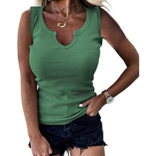 Summer New Fashion Womens Casual Tight-Fitting Threaded V-Neck Sleeveless Sports Vest T-Shirt Women