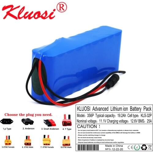 KLUOSI 12V 19.2Ah 20Ah 3S6P Large Capacity 12.6V Lithium Battery Pack with 25A BMS LED Lamp Light Backup Power Electrical Tool