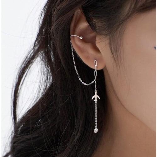 Luckydays 1pcs Korean Long Tassel No Piercing Ear Cuff Earrings For Women Small Swallow C Shaped Ear Bone Clip Fashion Jewelry