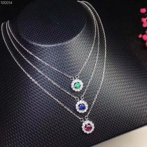 Fashion small round natural blue sapphire necklace natural ruby emerald pendant necklace S925 silver girl party gift jewelery