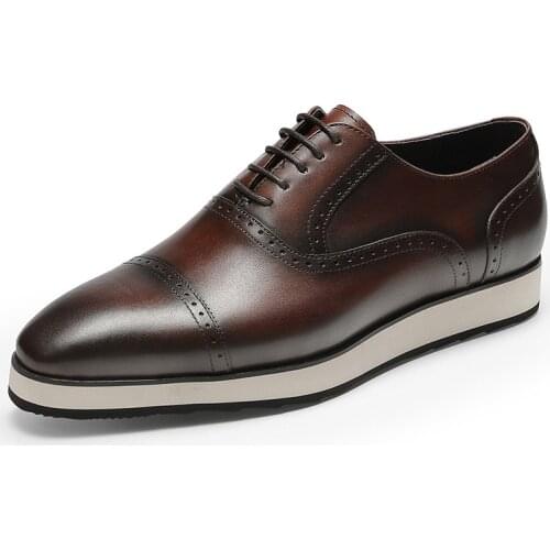 Autumn brand Men Genuine Wingtip Leather Platform Oxford Shoes Pointed Toe Lace-Up Oxfords Dress Brogues Wedding Shoes