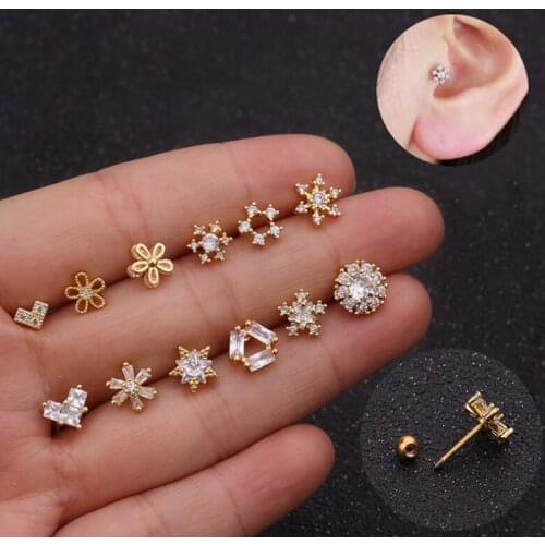 1 piece Small Stud Earring Women Cubic Zirconia Micro Heart Snow Flower Star Round Gold Color Fashion Jewelry Cartilage Earrings