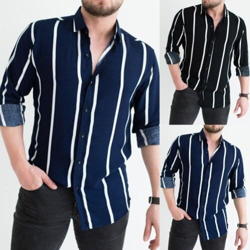 Drop shipping Striped Print Men Shirt Turn-down Collar Top Long Sleeve Buttons Closure Business Shirt Male Clothing