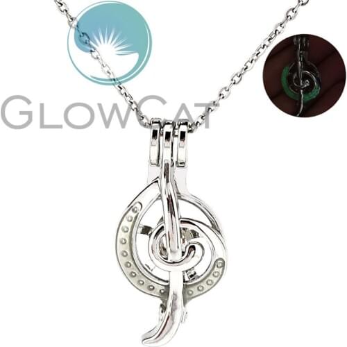 Green Luminous Musical Note Beads Pearl Cage Locket Pendant Perfume Diffuser Glow in Dark Necklace KK1026