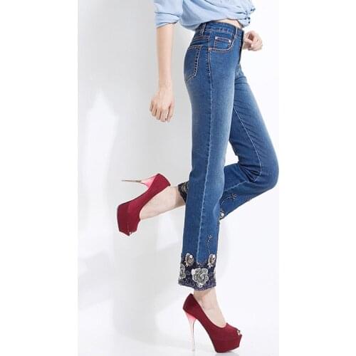 FERZIGE Plus Size High Waist Cotton Jeans Lady Skinny Flare Pants Beautiful Embroidery Jeans Blue Lolita Style Trousers