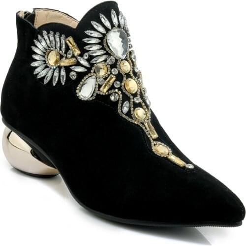 Womens Pointy Toe Genuine Suede Leather Rhinestones Crystal Ankle Boots Strange Egg Heel Shoes Warm Winter 2Colors New