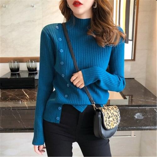2021 Half Turtleneck Long Sleeve Pullover Jumpers Solid Color Side Single Breasted Slim Sweaters Women Korean Style Tops PZ3683