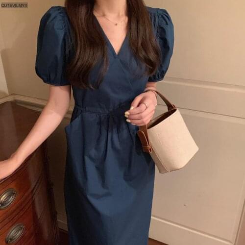 Woman Dress Cotton V-Neck Puff Sleeve Dresses Solid Belt Sundress Brown A-Line Vintage Clothing 2021 Summer Fashion New