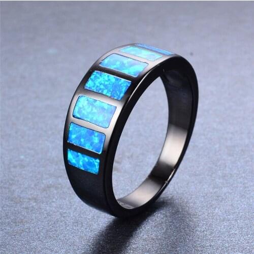 Cute Female Blue Fire Opal Stone Ring Vintage Black Gold Wedding Rings For Women Promise Love Round Engagement Ring