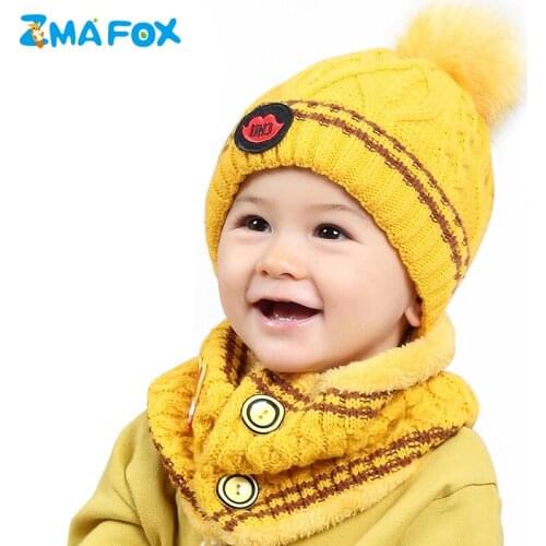 ZMAFOX Winter Hats Scarf Suits Toddler Baby Boy Girl Soft Thicken Beanie Hat Fur Pom Pom Children Velvet Neck Warmer Plush Caps
