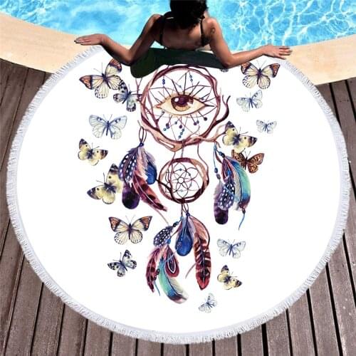 Free shipping Watercolor Dream Catcher Flower Eye Butterfly Pattern Large Round Swim Spa Bath Beach Towel Blanket Throw 150cm