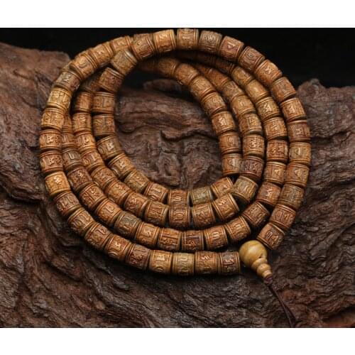 Sandalwood Tibetan Buddhist Prayer Wheel Type Bracelet 8mmx8mm Tibetan Six-Character Mantra Rosary Wooden Jewelry