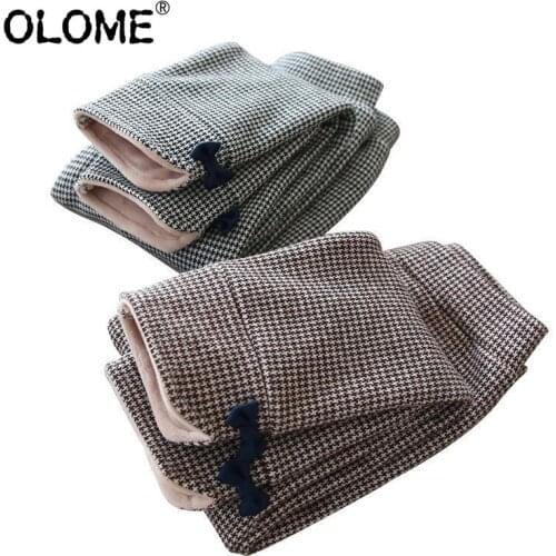 OLOME Winter Girls Leggings Houndstooth Pants Thickening Baby Long Pants Tight Children Trousers Warm Kids Clothing Bow Tie Leg