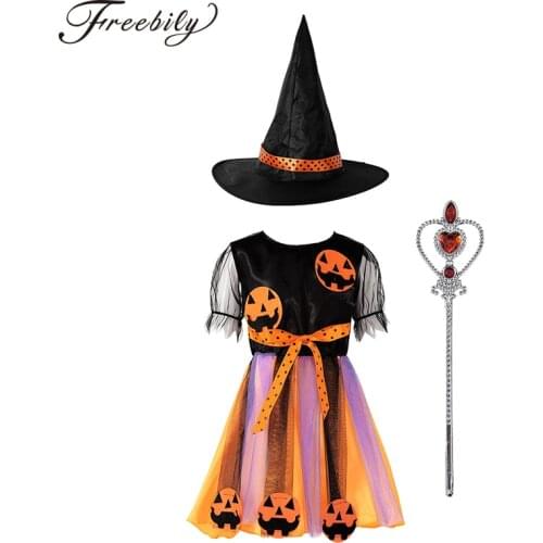 Kids Girls Halloween Witch Costume Pumpkin Applique Mesh Dress Wand Pointed Hats Set Children Carnival Cosplay Party Dress Up