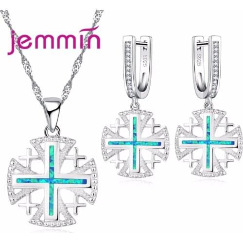 Women Fine 925 Sterling Silver Bridal Jewelry Sets With Blue Fire Opal Pendants Necklace Earrings Set For Party Bijoux