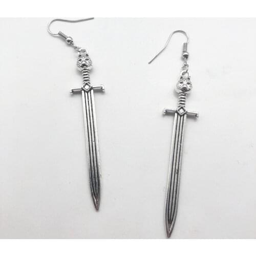 Gothic Sword Earring Warrior Big Cat Sword Silver Pendant Earring Lady Vintage Jewelry Gift