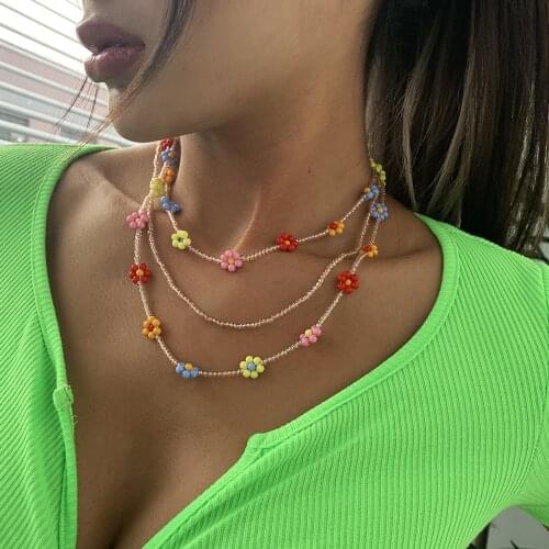 Juorest Sweet Women Flower Necklace Cute Colorful Spring Summer Multi-layer Necklace Adjustable Boho Vintage Chokers Collar 2021