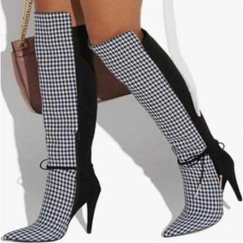 Classic Patchwork Long Boots Pointed Toe Black White Grid Knee High Boots Pointed Toe Color Block Dress Shoes Drop Ship