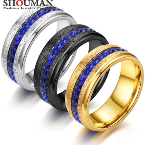 SHOUMAN Black Gold 8mm Stainless Steel Circle Blue Crystal Ring for Men Women Custom Engrave Lover Couple Wedding Charm Jewelry