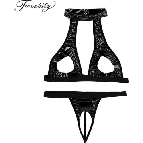 Womens Erotic Lingerie Set Wetlook Faux Leather Hollow Out Bust Open Bra Top with Crotchless Briefs T-Back Sexy Femme Underwear