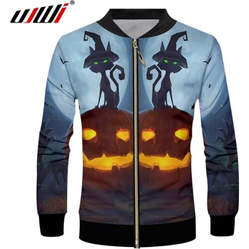 UJWI Halloween New Ghost Pattern 3D Printed Zip Jacket Flame Pumpkin And Black Castle Wholesale Mens Street Clothing