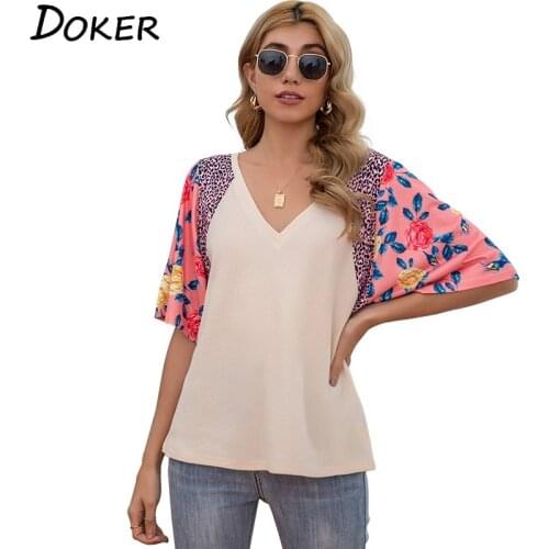 Summer T Shirt Womens Clothes Fashion Floral Print Patchwork V Neck Short Sleeve Casual Tee Shirt Female Oversized Tshirt Tops