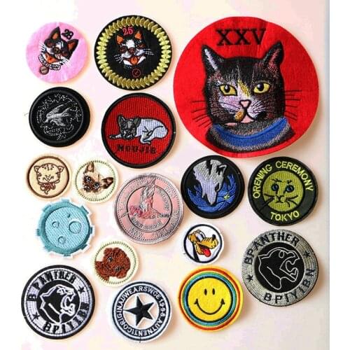 Cute dog, cat, smiley round icon Embroidered Iron on Patches for Clothing DIY Stripes Clothes Patchwork Sticker Custom Badges