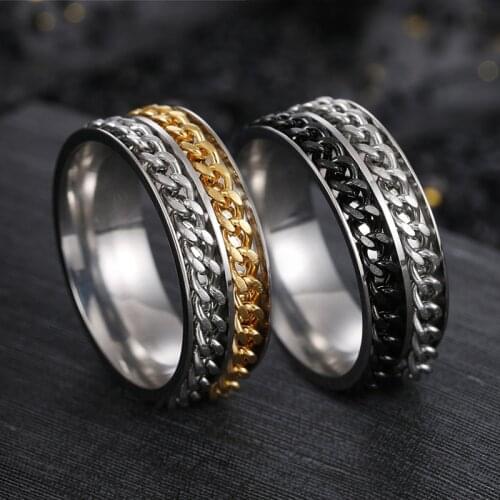 Fashion 2 Layer Black Blue Spinner Rotatable Charm Wedding Band Chain Rings Stainless Steel for Men Women High Quality Gift