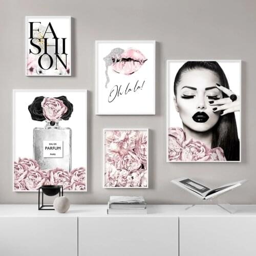 Pink Flower Perfume Fashion Lady Poster Sliver Lips Makeup Print Art Painting Wall Picture Modern Girl Room Home Decor
