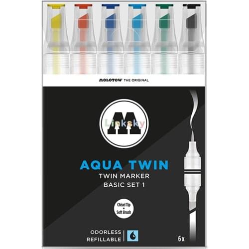 Molotow Aqua Twin Marker Set , Brush and Chisel Nib, Assorted Colors,1mm 2-6mm,Water-based and quick-drying,Art supplies