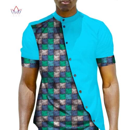 Men African Clothing Dashiki Men Top Shirt Bazin Riche African Men Clothes 100% Cotton Print Patchwork Button Top Shirt WYN22