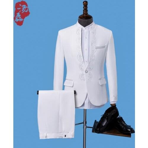 Singer star style dance stage clothing for men groom suit set with pants 2020 mens wedding suits costume formal dress white