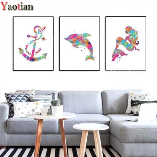 Full Square/Round Drill 5D DIY Diamond Painting 3 Pieces Mermaid Dolphin Cross Stitch Diamond Embroidery Kids Room Nordic Style