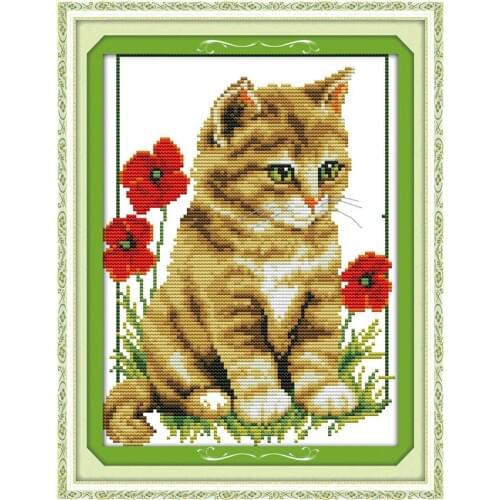 Cat and poppy Pattern printed on canvas DMC 11CT 14CT 18CT Cross Stitch kits needlework Set embroidery animal Cotton