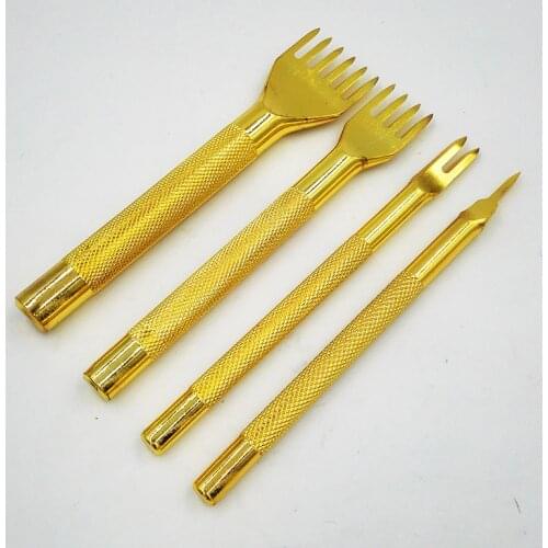 New 4mm Set of 4 Leather Craft Tools Gold Hole Punches Stitching Tool 1+2+4+6 Prong High Quality