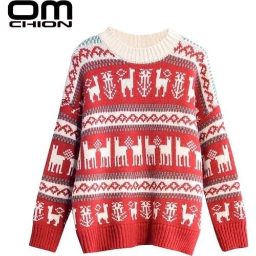 OMCHION Deer Embroidery Christmas Sweater 2021 O Neck Red Women Sweaters And Pullovers Korean Loose Thick Pull Femme LMY150