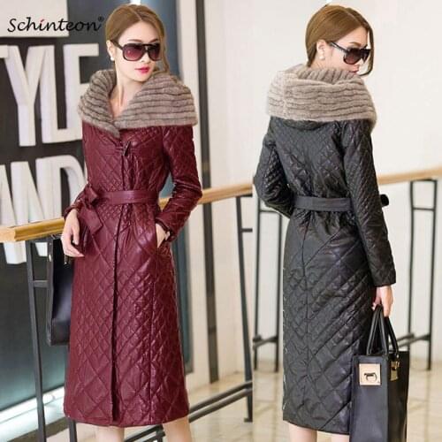 Women PU Leather Fur Long Coat Down Coats with Faux Mink Fur lining Hood Jacket Outwear Faux Sheep leather Clothing