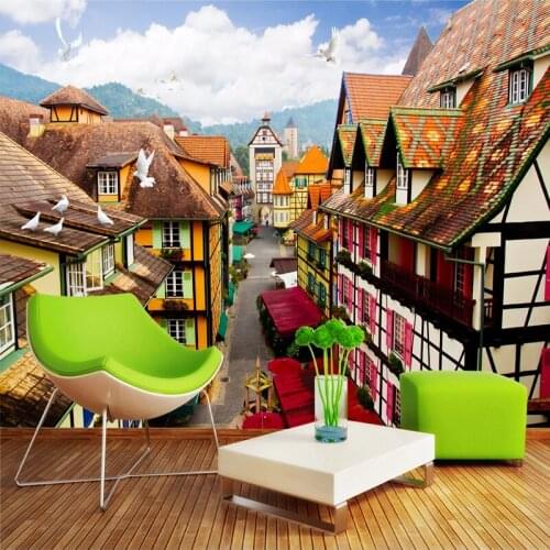 Custom Self-adhesive Wallpaper European Small Town Building 3D Photo Background Study Room Restaurant Cafe Bar Wall Decor Mural