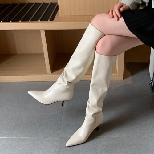 Donna-in 2021 Soft Calf Leather Pleated Knee-High Boots Women Fashion Pointed Toe Slip-On Long Boots Autumn New Stilettos Female