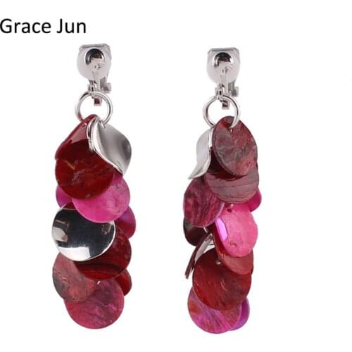 Grace Jun New Design Natrual Shell Clip on Earrings Without Percing for Women Vintage Elegant Charm Pierced Earrings Not Allergy